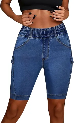 Women's High Waisted Bermuda Shorts Casual Stretchy Knee Length Jean Shorts Mid-Low Waisted Denim Y2K Jorts