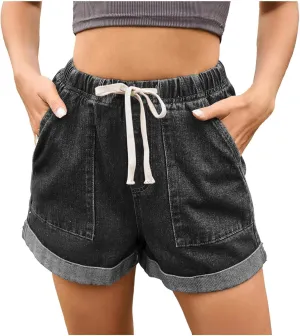 Women's High Waisted Jean Shorts Elastic Waist Folded Hem Denim Shorts with Pockets Casual Summer Short Jeans Outfits