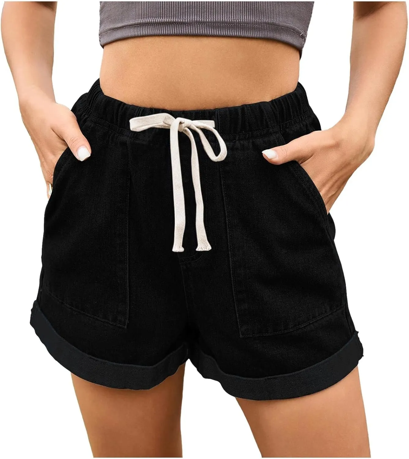 Women's High Waisted Jean Shorts Elastic Waist Folded Hem Denim Shorts with Pockets Casual Summer Short Jeans Outfits