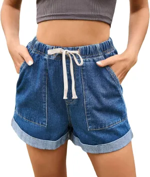 Women's High Waisted Jean Shorts Elastic Waist Folded Hem Denim Shorts with Pockets Casual Summer Short Jeans Outfits