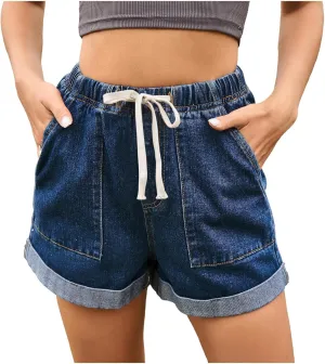 Women's High Waisted Jean Shorts Elastic Waist Folded Hem Denim Shorts with Pockets Casual Summer Short Jeans Outfits