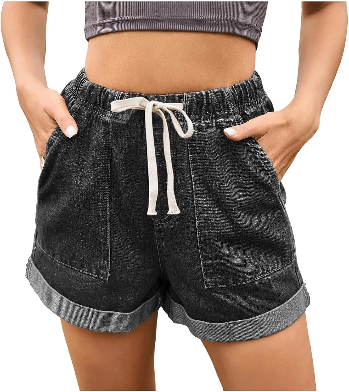 Women's High Waisted Jean Shorts Elastic Waist Folded Hem Denim Shorts with Pockets Casual Summer Short Jeans Outfits