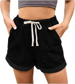 Women's High Waisted Jean Shorts Elastic Waist Folded Hem Denim Shorts with Pockets Casual Summer Short Jeans Outfits