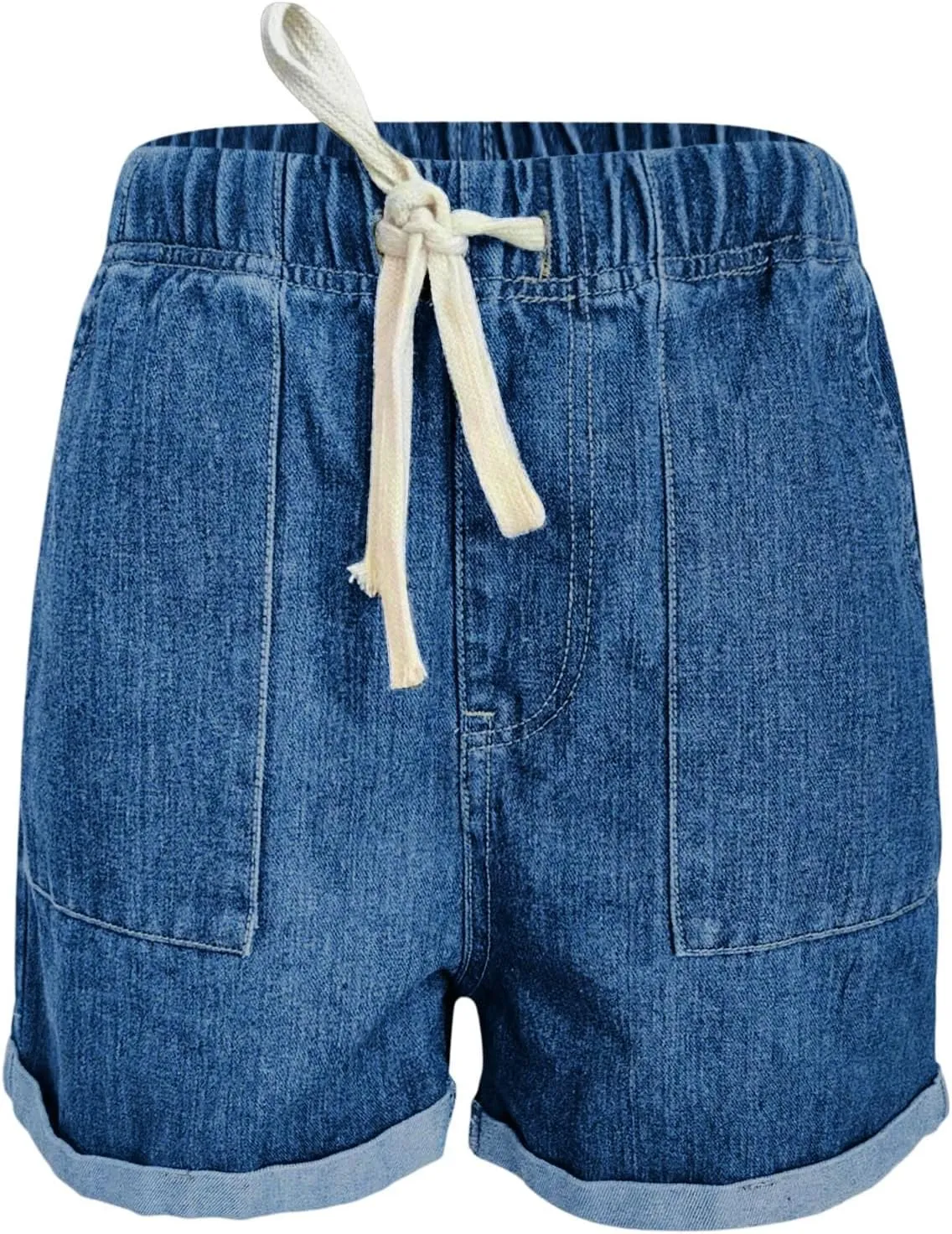 Women's High Waisted Jean Shorts Elastic Waist Folded Hem Denim Shorts with Pockets Casual Summer Short Jeans Outfits