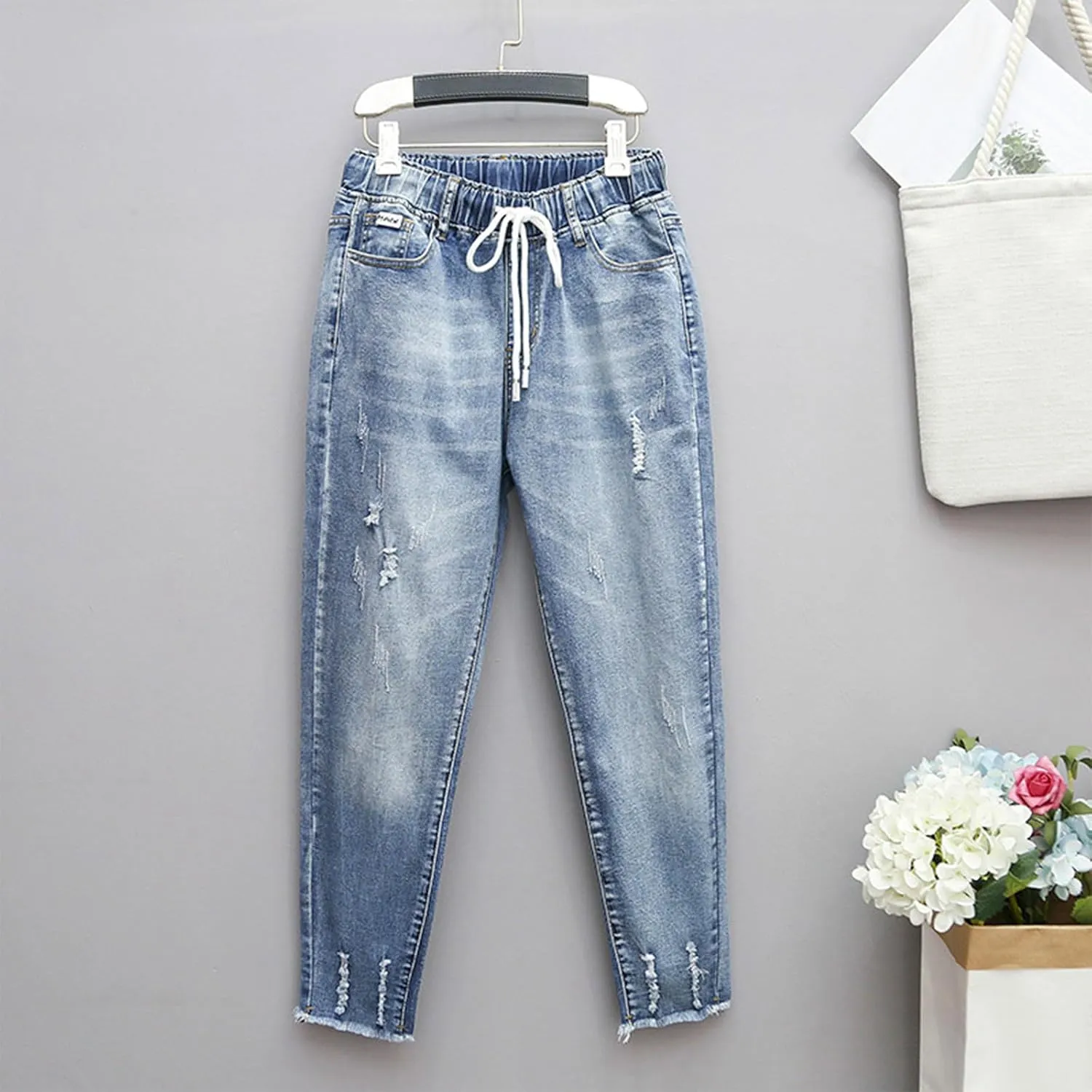 Women's High Waisted Jeans Strechy Raw Hem Straight Leg Denim Pants Elastic Waist Bottom Baggy Y2K Pants