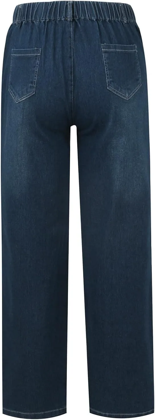 Women's High Waisted Jeans Strechy Raw Hem Straight Leg Denim Pants Elastic Waist Bottom Baggy Y2K Pants