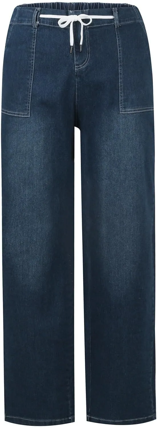 Women's High Waisted Jeans Strechy Raw Hem Straight Leg Denim Pants Elastic Waist Bottom Baggy Y2K Pants