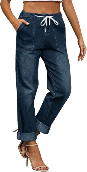 Women's High Waisted Jeans Strechy Raw Hem Straight Leg Denim Pants Elastic Waist Bottom Baggy Y2K Pants