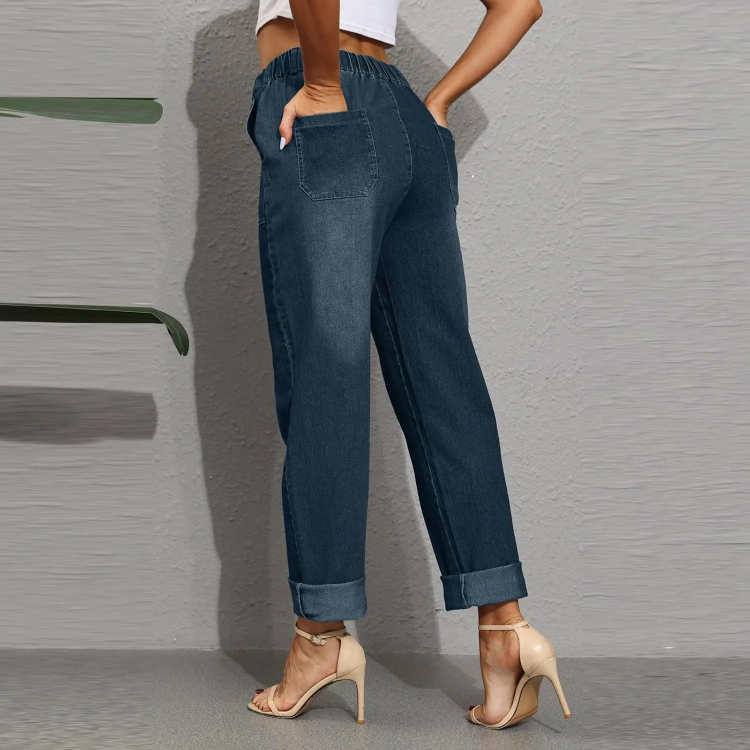 Women's High Waisted Jeans Strechy Raw Hem Straight Leg Denim Pants Elastic Waist Bottom Baggy Y2K Pants