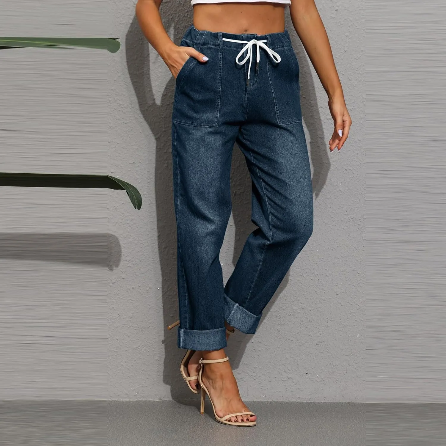 Women's High Waisted Jeans Strechy Raw Hem Straight Leg Denim Pants Elastic Waist Bottom Baggy Y2K Pants
