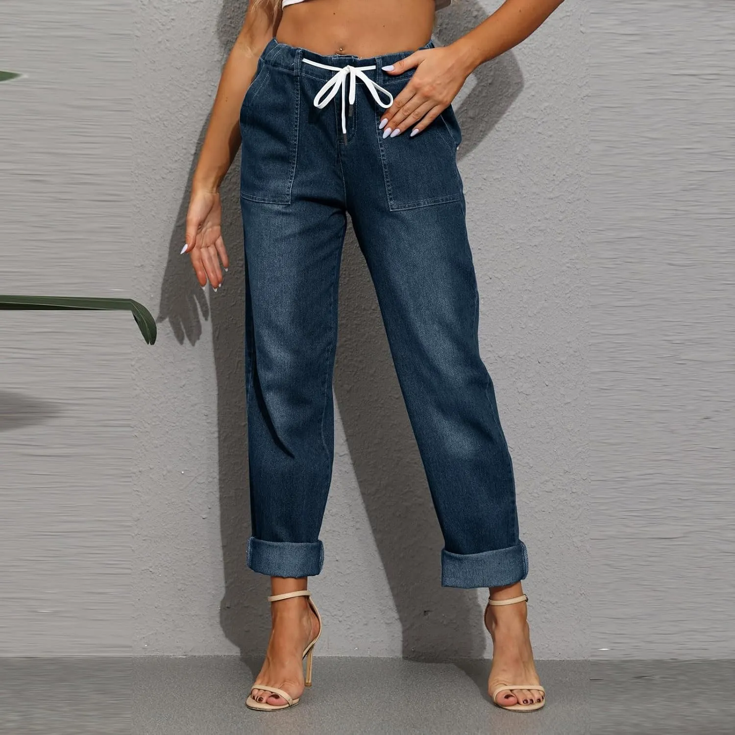 Women's High Waisted Jeans Strechy Raw Hem Straight Leg Denim Pants Elastic Waist Bottom Baggy Y2K Pants