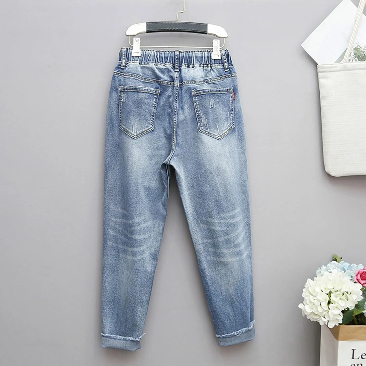Women's High Waisted Jeans Strechy Raw Hem Straight Leg Denim Pants Elastic Waist Bottom Baggy Y2K Pants