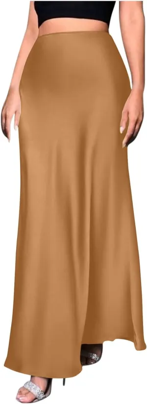 Womens High Waisted Satin Skirts Silk Elegant Long Maxi Skirts Casual A Line Cocktail Party Weekend Midi Skirt