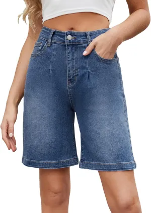 Women's High Waisted Stretchy Bermuda Denim Shorts - Trendy Casual Loose Fit