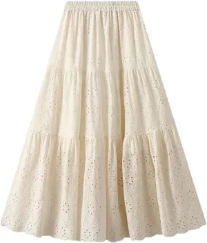 Women's Hollow Embroidery High Waist A-Line Skirt Summer French Style Casual Skirts