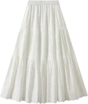 Women's Hollow Embroidery High Waist A-Line Skirt Summer French Style Casual Skirts