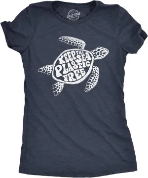 Womens Keep The Sea Plastic Free T Shirt Cute Sea Turtle Earth Day Tee
