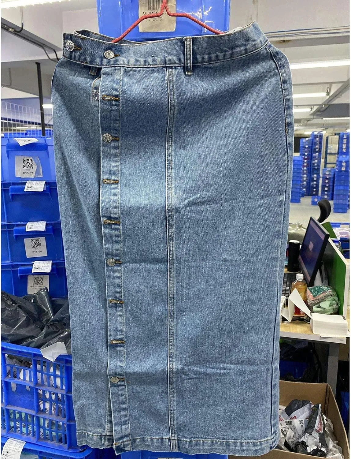 Women's Knee Length Denim Skirt High Stretch Button Front Slit Denim High Waist Long Skirt Slim A-line Denim