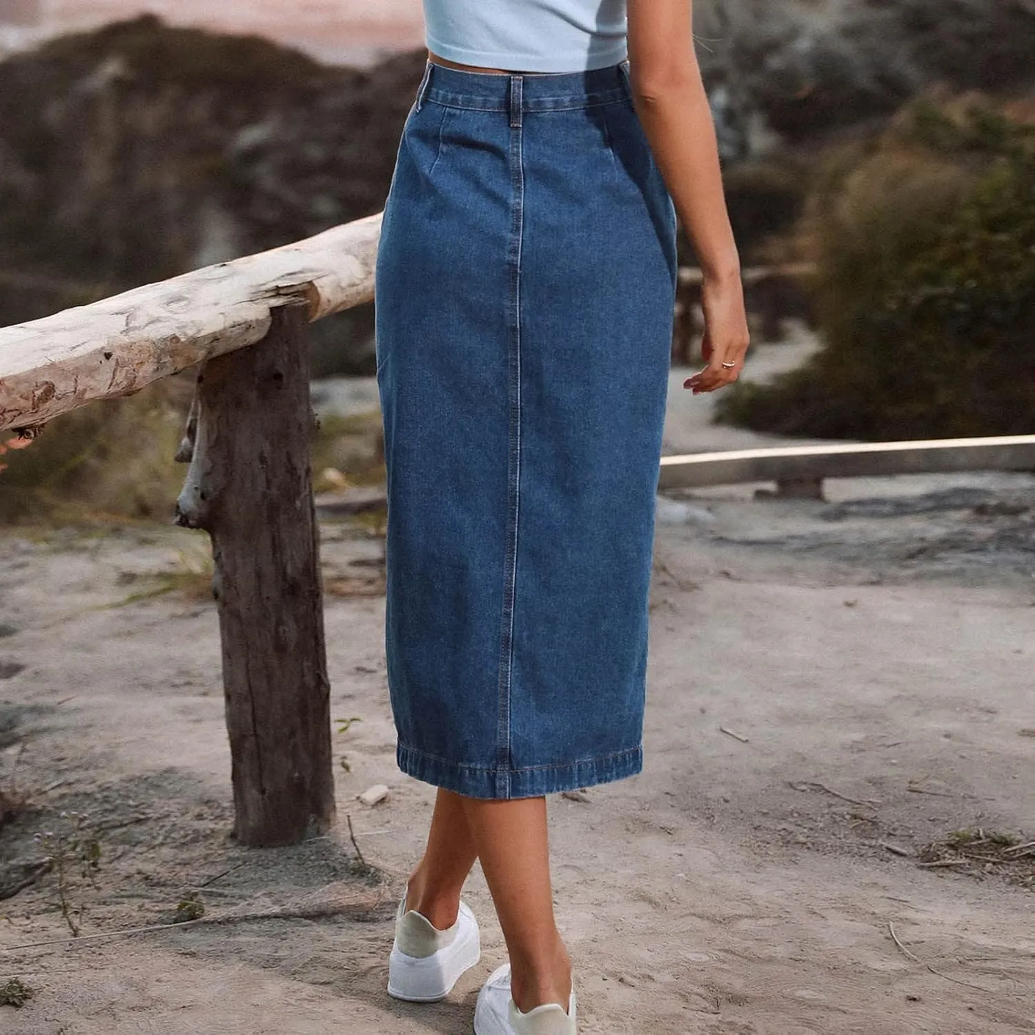 Women's Knee Length Denim Skirt High Stretch Button Front Slit Denim High Waist Long Skirt Slim A-line Denim