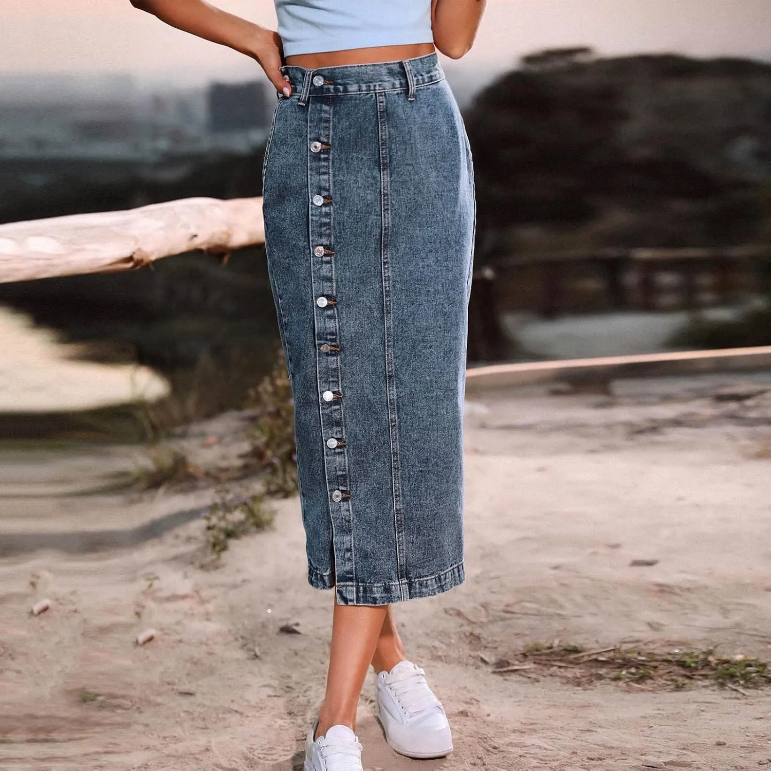 Women's Knee Length Denim Skirt High Stretch Button Front Slit Denim High Waist Long Skirt Slim A-line Denim