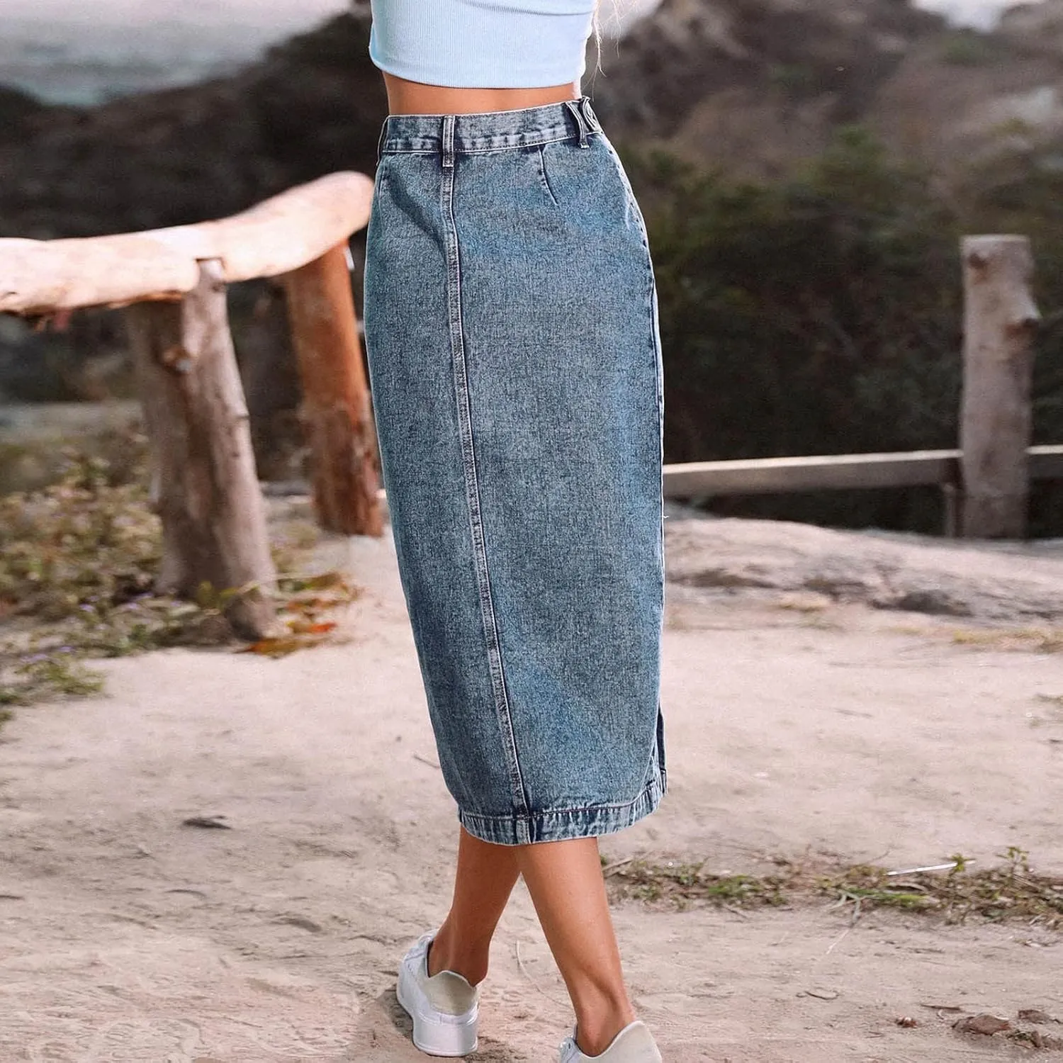 Women's Knee Length Denim Skirt High Stretch Button Front Slit Denim High Waist Long Skirt Slim A-line Denim