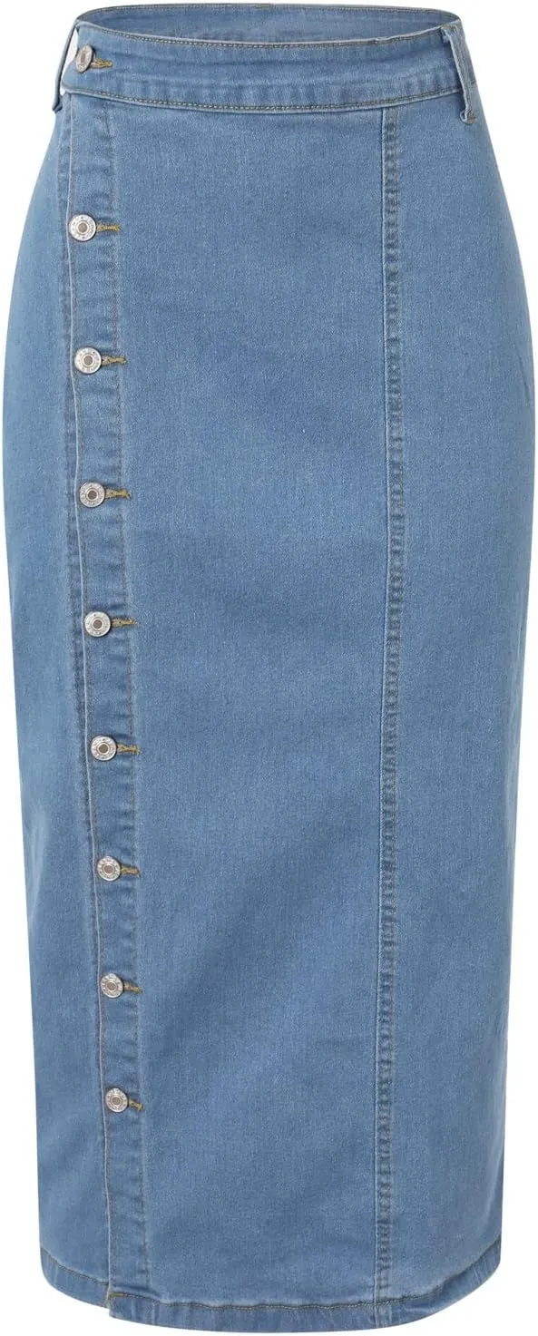 Women's Knee Length Denim Skirt High Stretch Button Front Slit Denim High Waist Long Skirt Slim A-line Denim