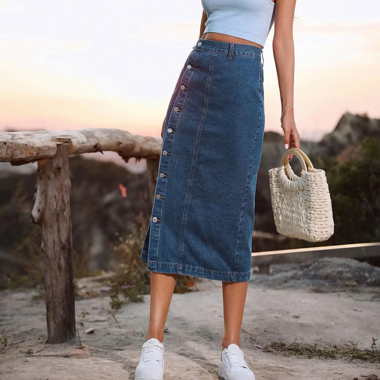 Women's Knee Length Denim Skirt High Stretch Button Front Slit Denim High Waist Long Skirt Slim A-line Denim