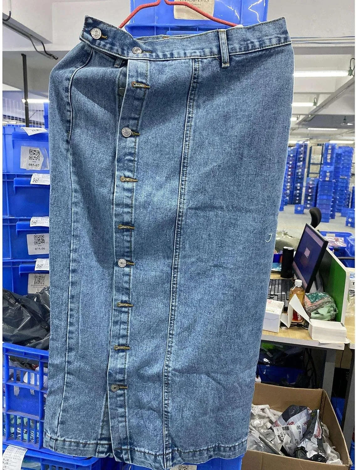 Women's Knee Length Denim Skirt High Stretch Button Front Slit Denim High Waist Long Skirt Slim A-line Denim