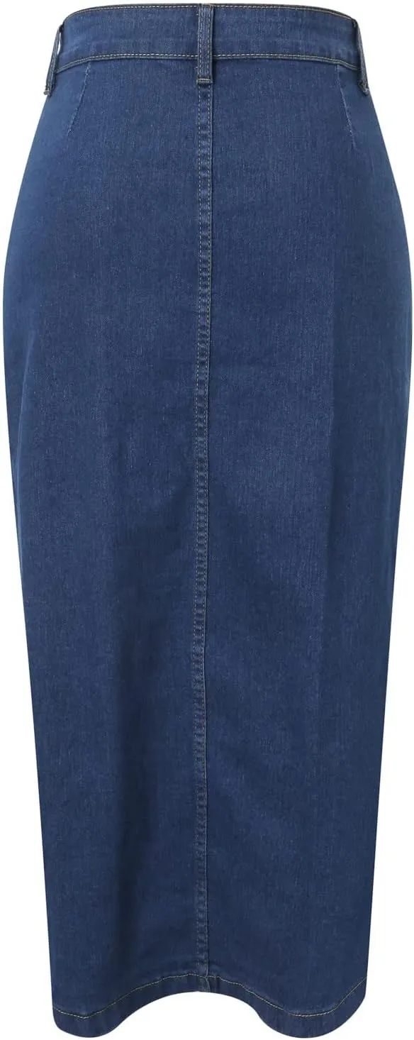 Women's Knee Length Denim Skirt High Stretch Button Front Slit Denim High Waist Long Skirt Slim A-line Denim