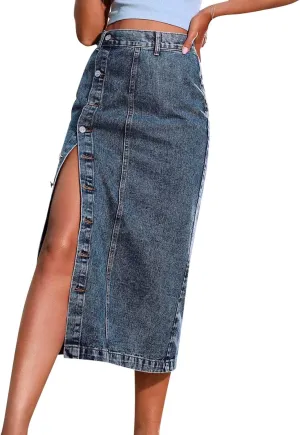 Women's Knee Length Denim Skirt High Stretch Button Front Slit Denim High Waist Long Skirt Slim A-line Denim
