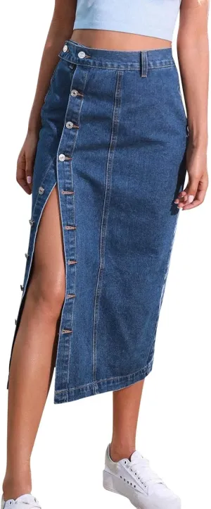 Women's Knee Length Denim Skirt High Stretch Button Front Slit Denim High Waist Long Skirt Slim A-line Denim