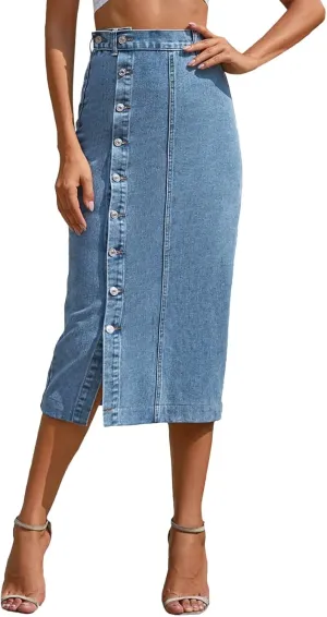 Women's Knee Length Denim Skirt High Stretch Button Front Slit Denim High Waist Long Skirt Slim A-line Denim