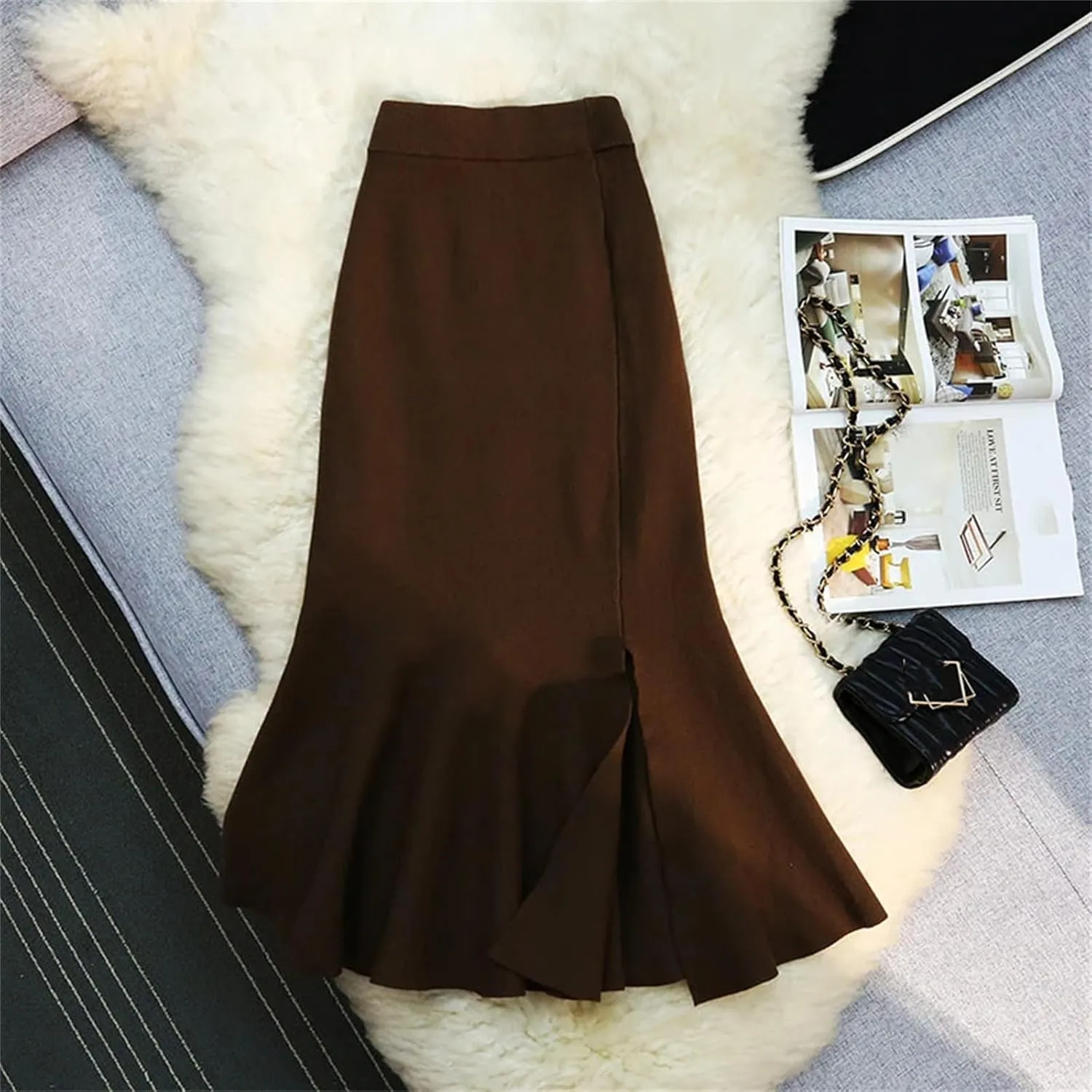 Women's Knitted A-Line Skirt Side Slit Solid Color High Waist Casual Fishtail Skirt