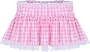 Womens Lace Hem Short Gingham Schoolgirls Miniskirt Pleated Sissy A-line Skirt Lingerie