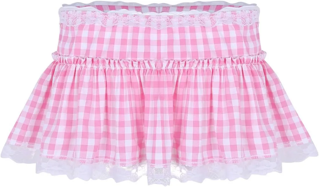 Womens Lace Hem Short Gingham Schoolgirls Miniskirt Pleated Sissy A-line Skirt Lingerie