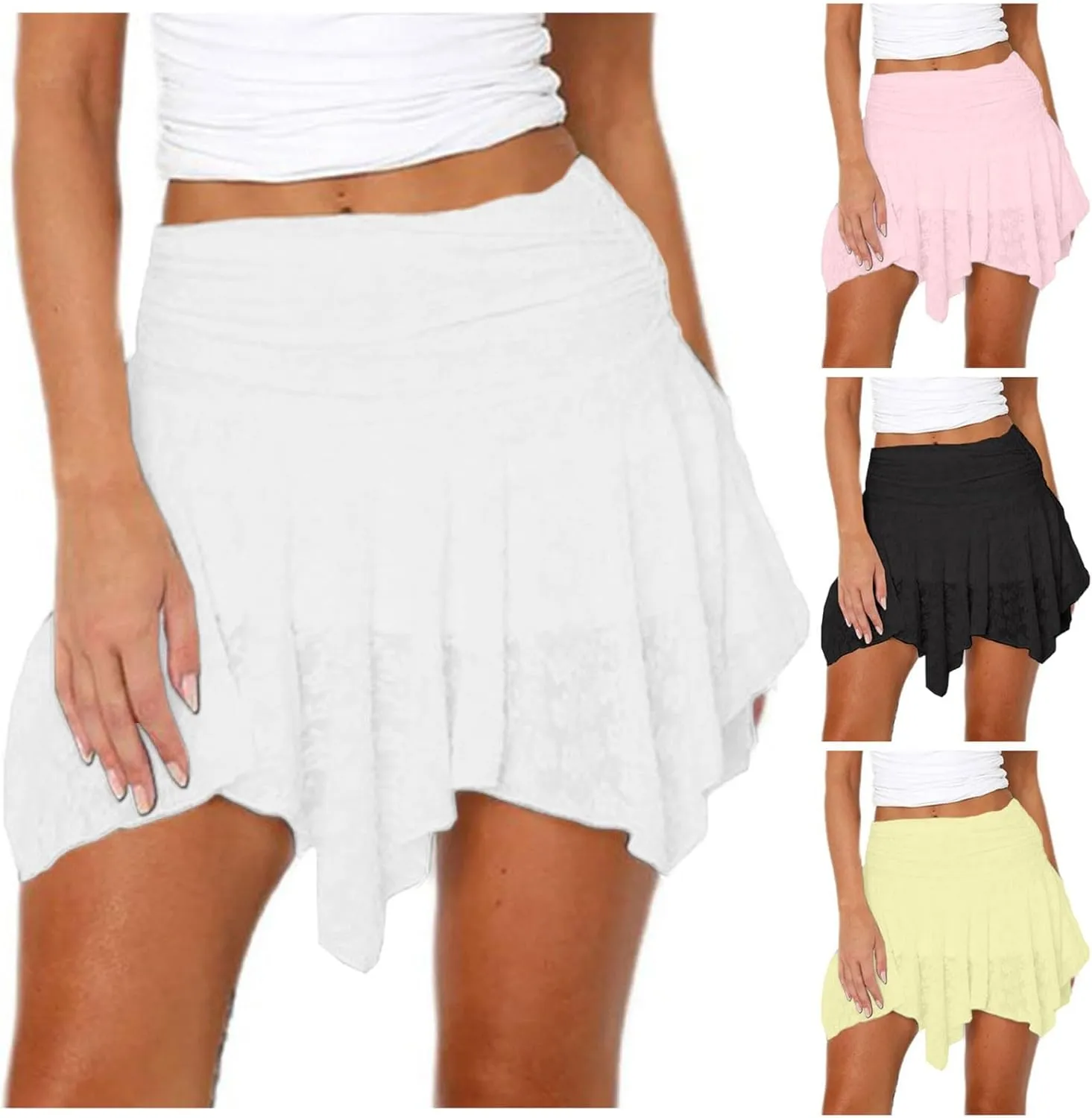 Women's Lace Short Skirt Sexy Y2K Solid Low Waist Patchwork Flowy Ruffle Pleated Half Slip Mini Skirts Streetwear