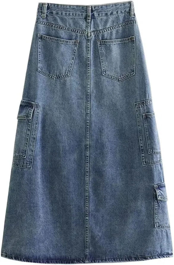 Women's Long Denim Skirt High Waist Slim Fit Multiple Pockets A-Line Skirt