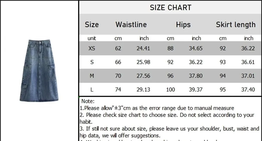 Women's Long Denim Skirt High Waist Slim Fit Multiple Pockets A-Line Skirt