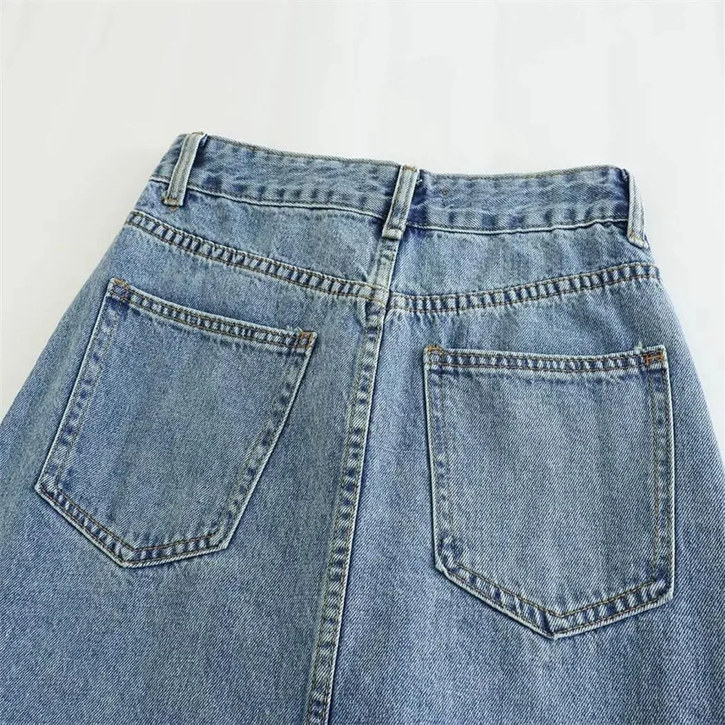 Women's Long Denim Skirt High Waist Slim Fit Multiple Pockets A-Line Skirt
