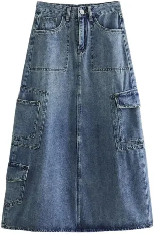 Women's Long Denim Skirt High Waist Slim Fit Multiple Pockets A-Line Skirt