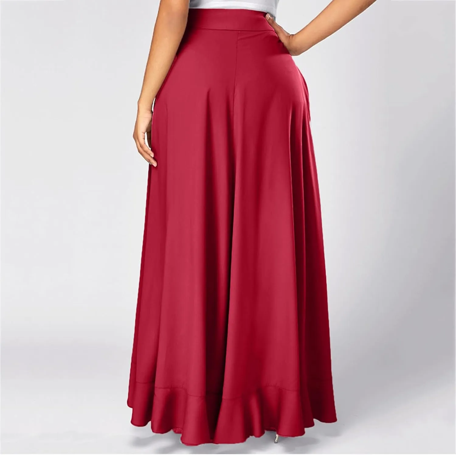 Women's Long Skirts Solid Color Elegant Bow Belt Flowy Culottes High Waist Swing Irregular Ruffles Maxi Skirt 2024