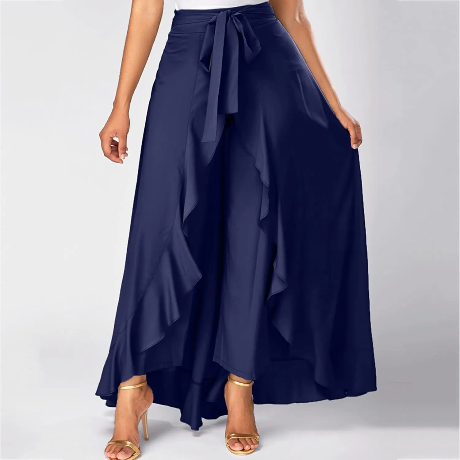 Women's Long Skirts Solid Color Elegant Bow Belt Flowy Culottes High Waist Swing Irregular Ruffles Maxi Skirt 2024