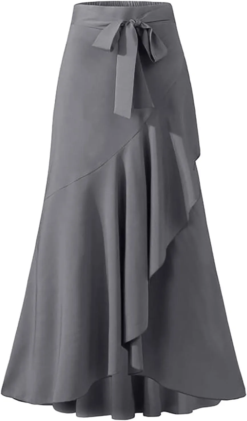 Women's Long Skirts Solid Color Elegant Bow Belt Flowy Culottes High Waist Swing Irregular Ruffles Maxi Skirt 2024