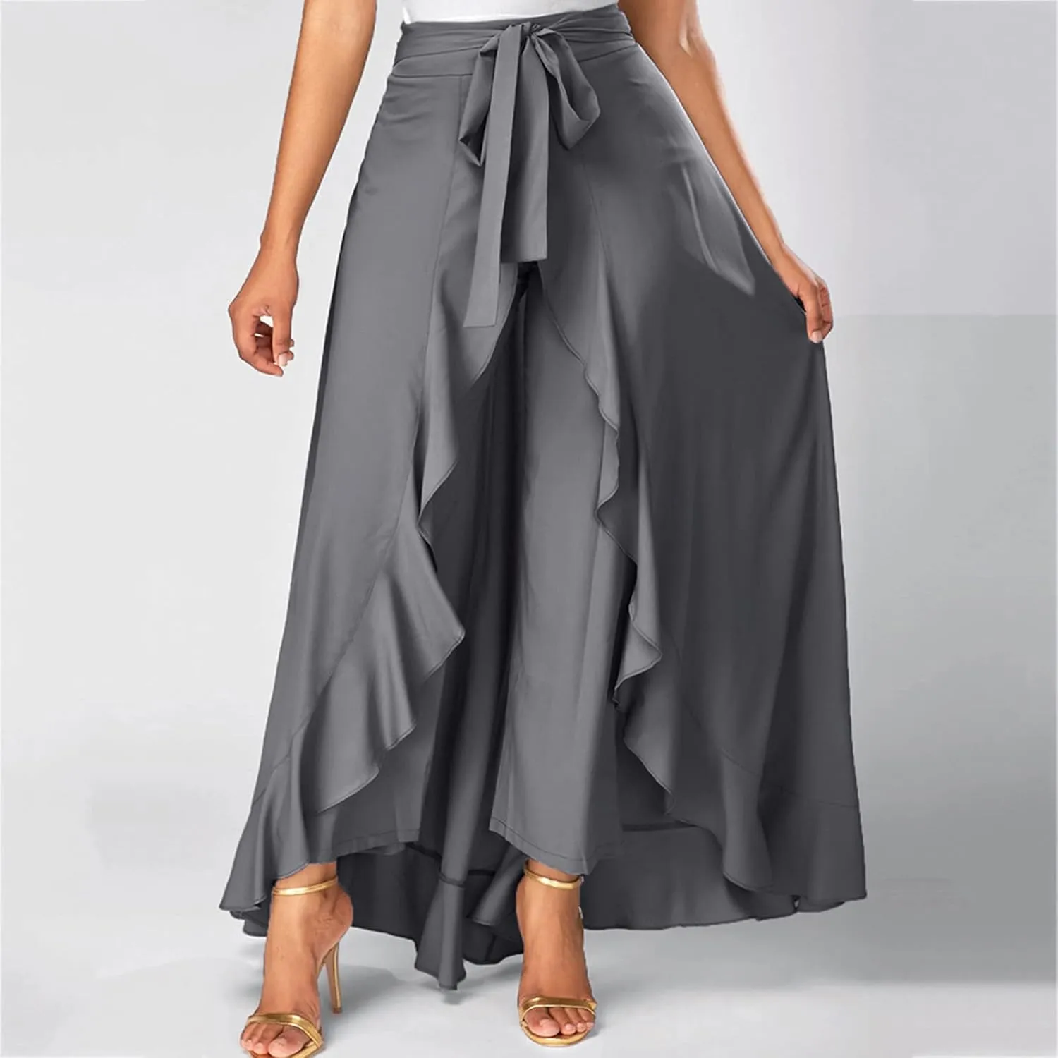 Women's Long Skirts Solid Color Elegant Bow Belt Flowy Culottes High Waist Swing Irregular Ruffles Maxi Skirt 2024