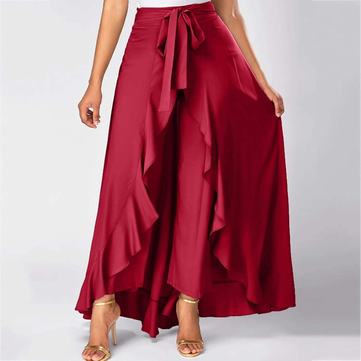 Women's Long Skirts Solid Color Elegant Bow Belt Flowy Culottes High Waist Swing Irregular Ruffles Maxi Skirt 2024