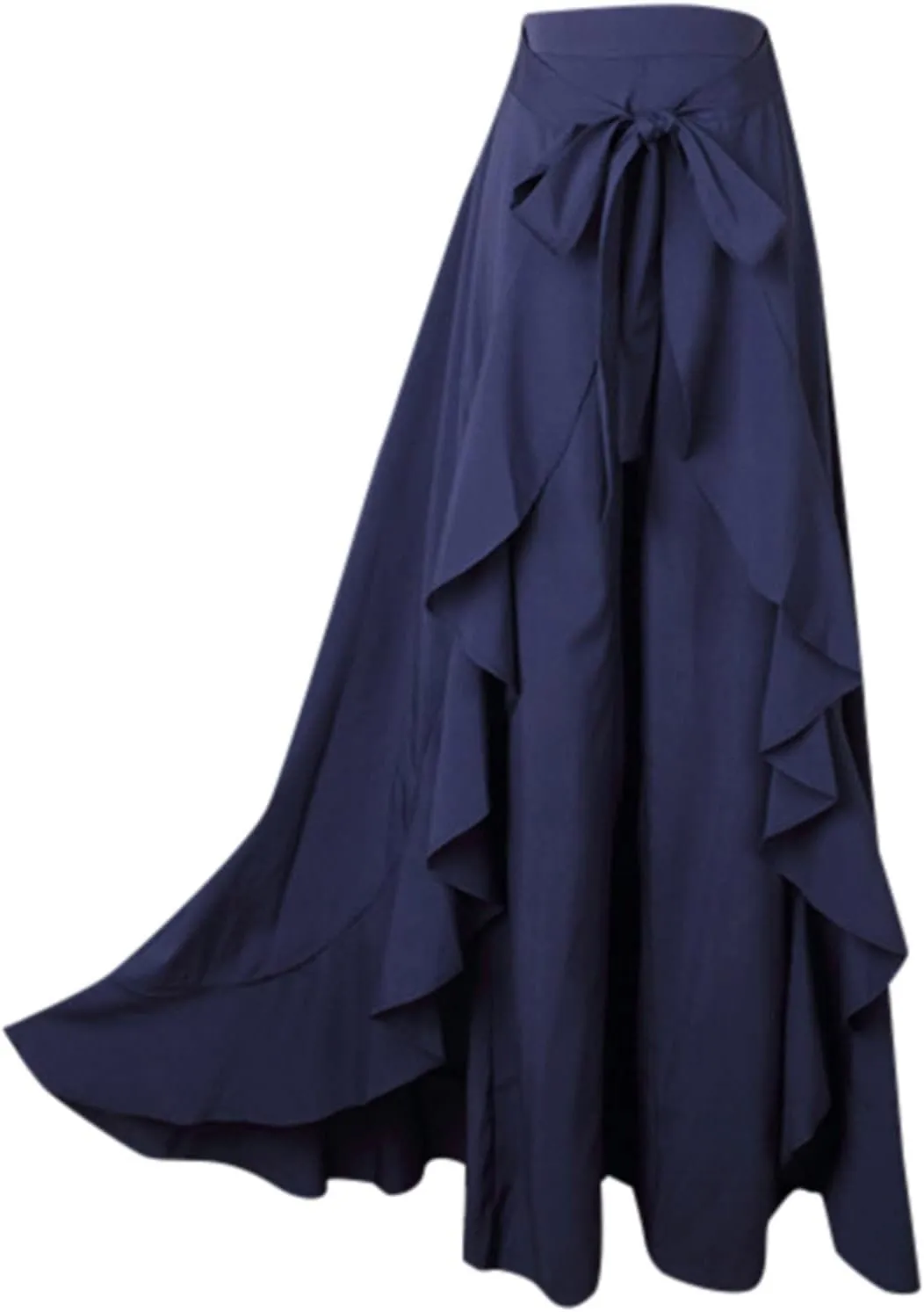 Women's Long Skirts Solid Color Elegant Bow Belt Flowy Culottes High Waist Swing Irregular Ruffles Maxi Skirt 2024