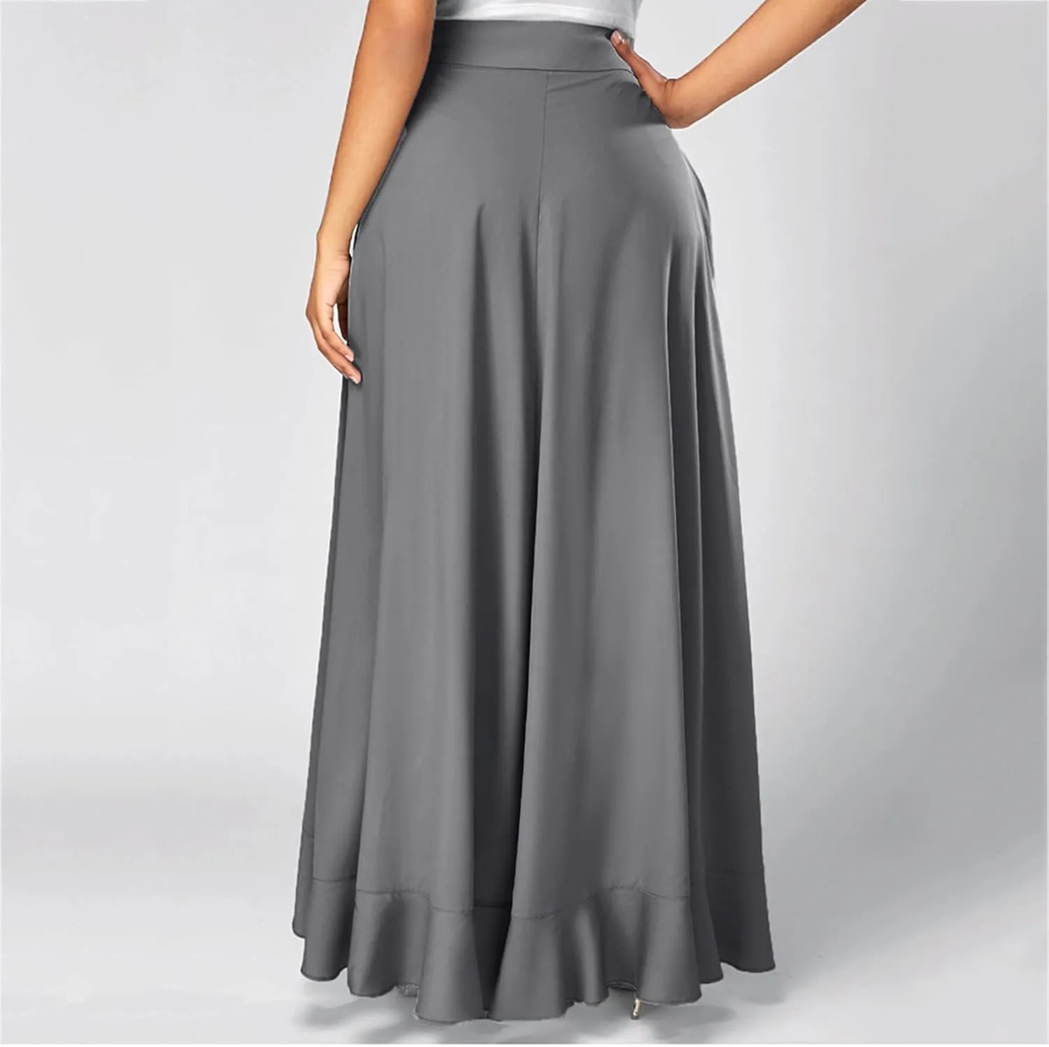 Women's Long Skirts Solid Color Elegant Bow Belt Flowy Culottes High Waist Swing Irregular Ruffles Maxi Skirt 2024