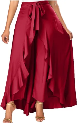 Women's Long Skirts Solid Color Elegant Bow Belt Flowy Culottes High Waist Swing Irregular Ruffles Maxi Skirt 2024