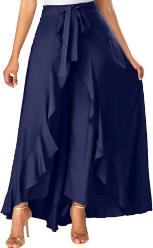 Women's Long Skirts Solid Color Elegant Bow Belt Flowy Culottes High Waist Swing Irregular Ruffles Maxi Skirt 2024