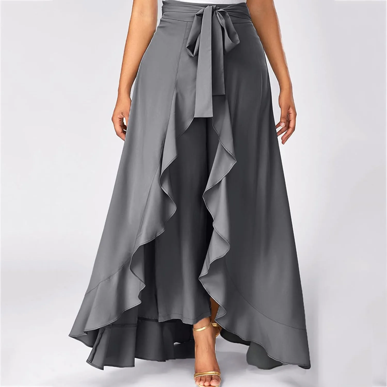 Women's Long Skirts Solid Color Elegant Bow Belt Flowy Culottes High Waist Swing Irregular Ruffles Maxi Skirt 2024